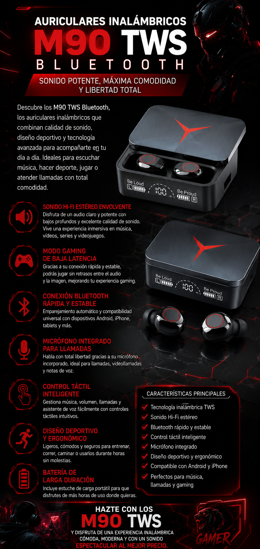 Auriculares Inalámbricos M90 PRO TWS | Bluetooth 5.3 | Sonido Envolvente
